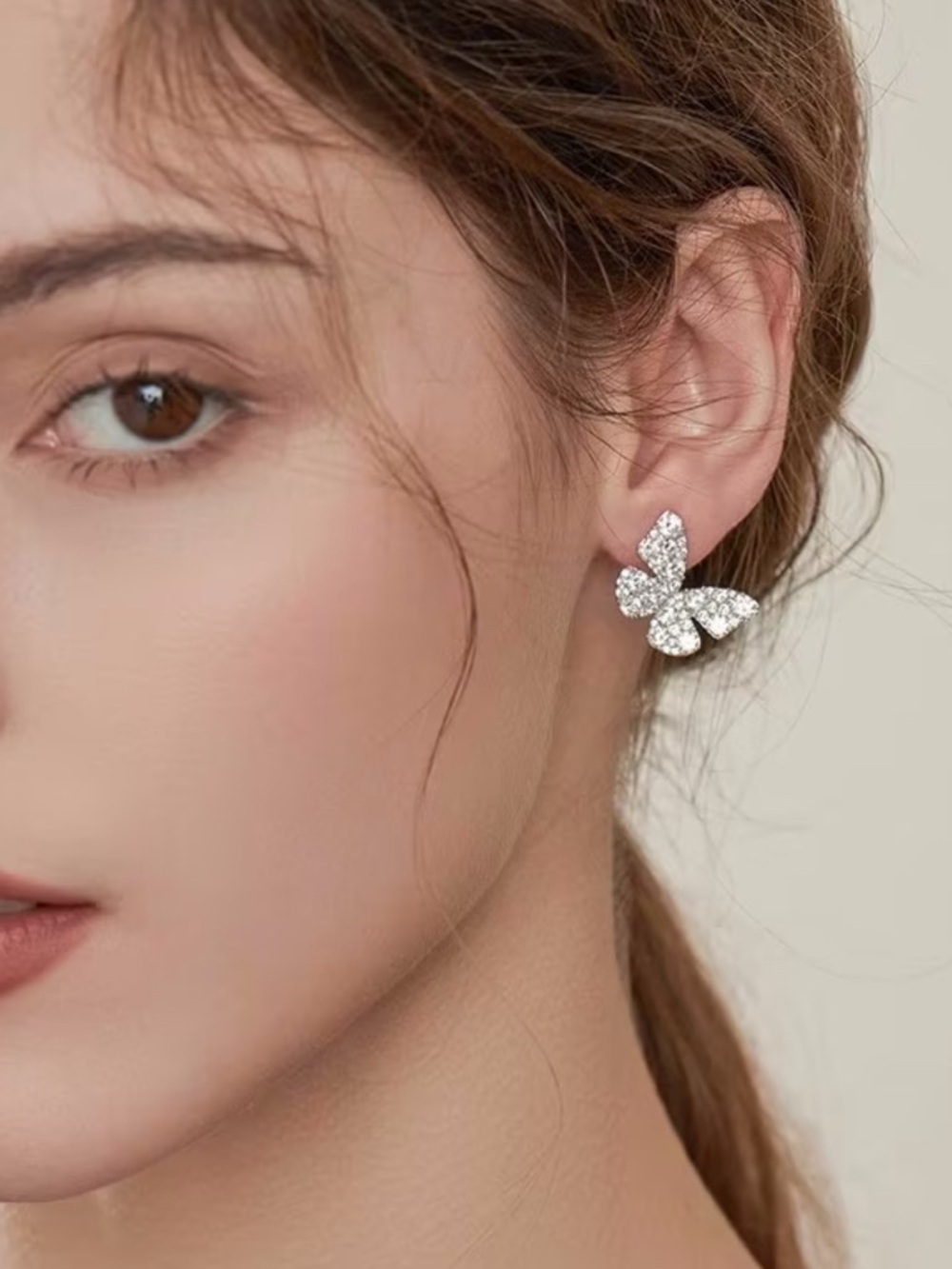 Sparkling Butterfly Crystal Stud Earrings - Silver Tone - Picture 2 of 3